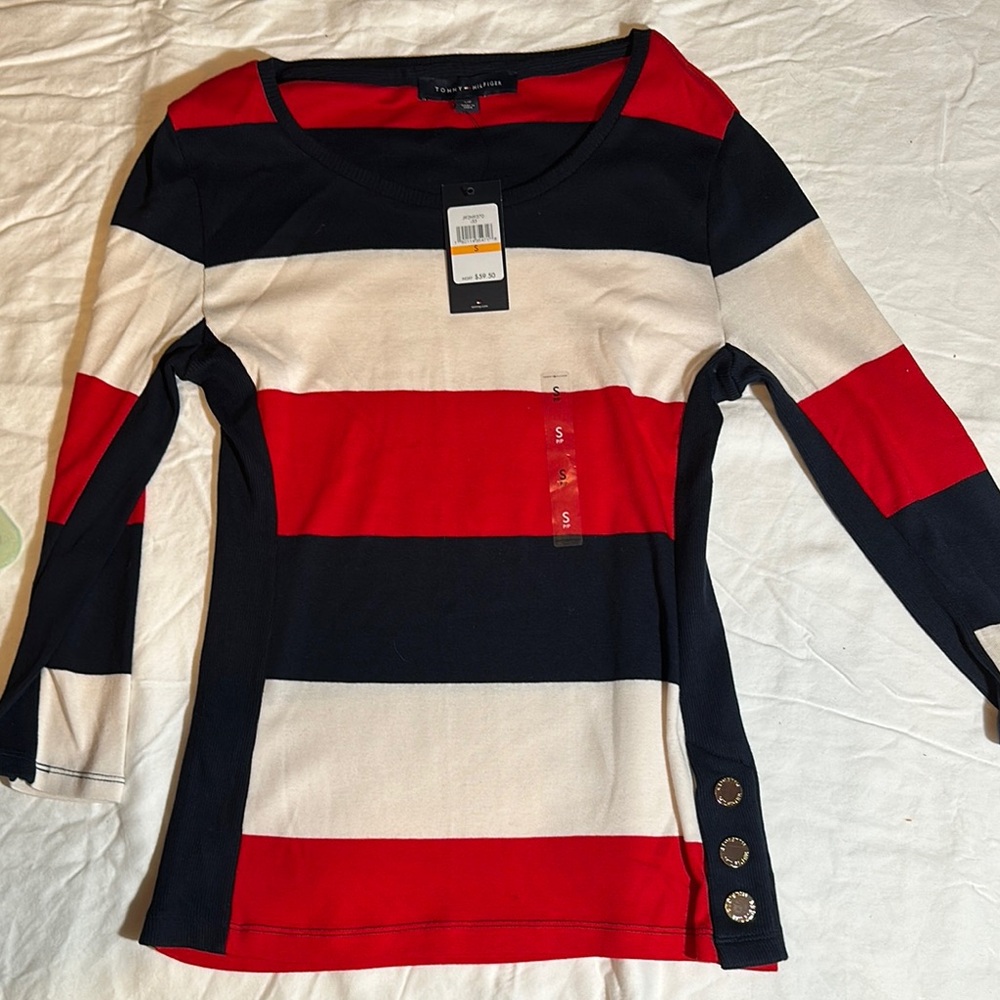 Tommy Hilfiger Red and Black Fitted 3/4 Sleeve Top